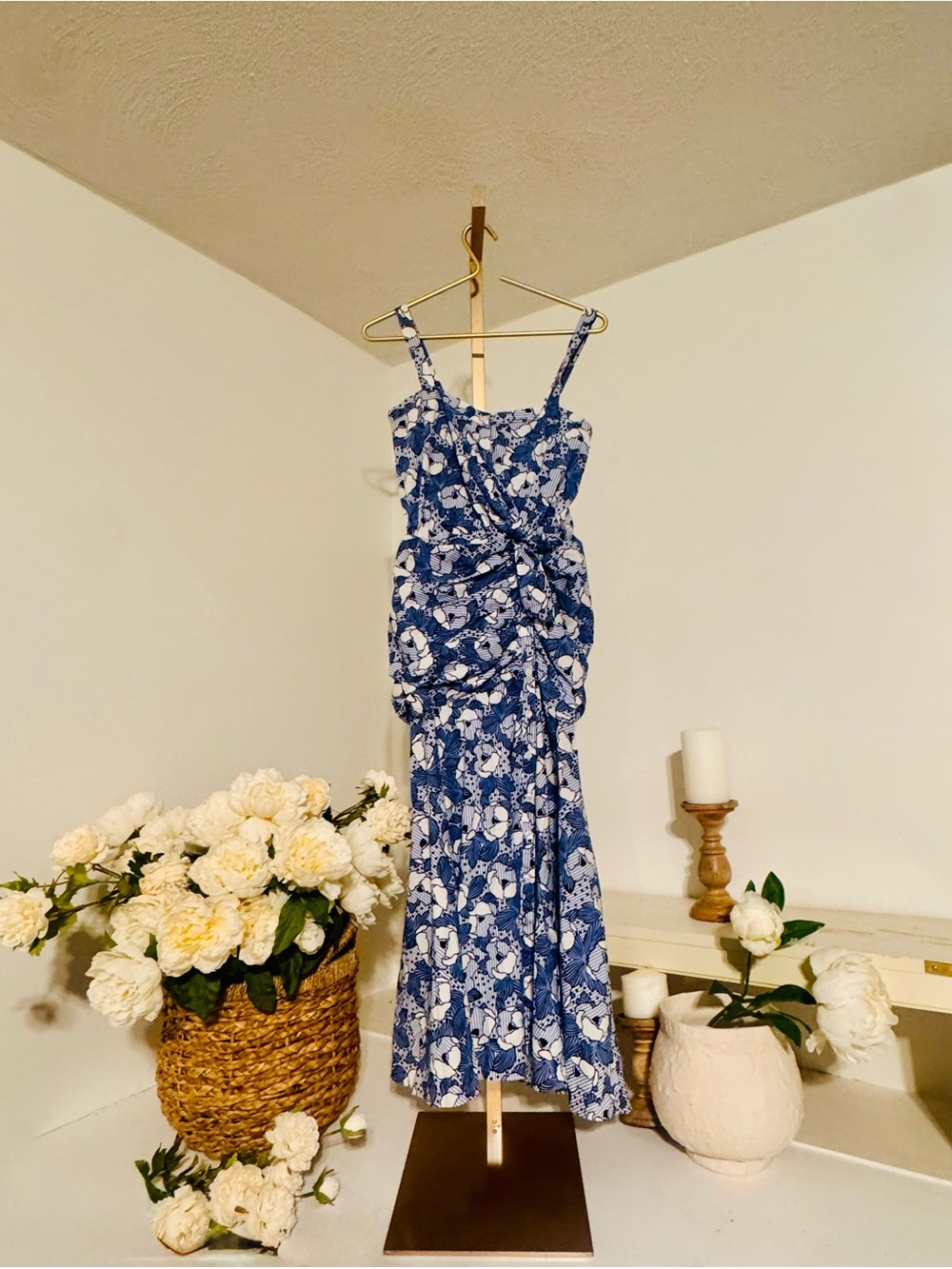 Veronica Beard Blue & White Floral Ruched Midi Dress